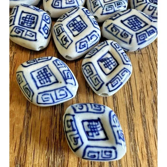 20 Blue White Asian Print Porcelain Beads Crafts Jewelry Making - Picture 3 of 5